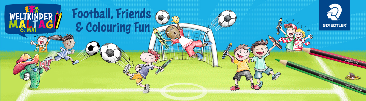 Weltkindermaltag, Kinder die Malstiffte in der Hand halten und Fußballspielen