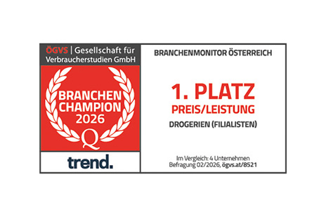 Müller ist Branchenchampion 2026 und belegt den 1. Platz in puncto Preis/Leistungsverhältnis in der Kategorie Drogerie (Filialisten)