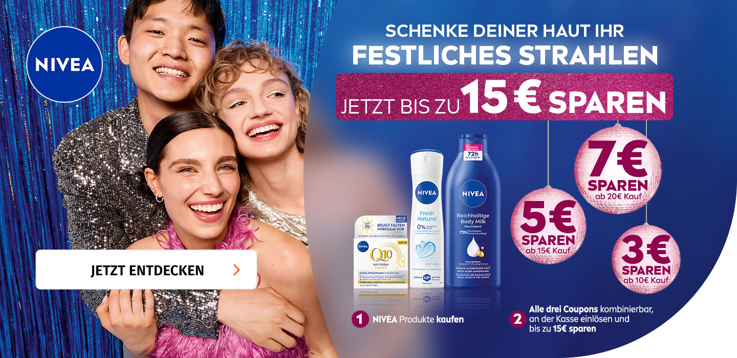 Schenke Deiner Haut ihr festliches Strahlen mit NIVEA – und spare bis zu 15€ beim Kauf von NIVEA Produkten