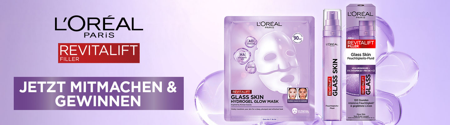Gewinnen Sie 1 von 200 exklusiven L'Oréal Paris Revitalift Filler Glass Skin Produktpaketen