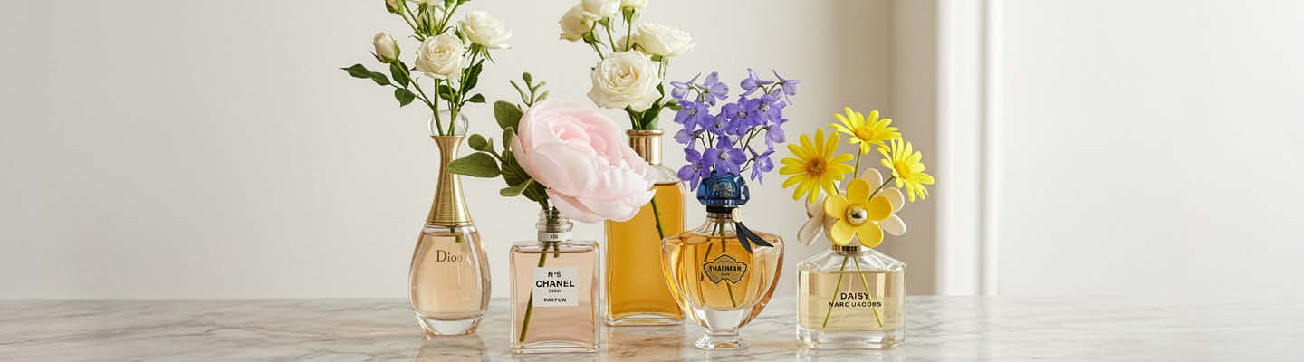 Lifestyle_1440x400_Parfumflakons_Vasen_rosa_weisse_gelbe_blaue_Blueten_Marmorfläche_heller_Hintergrund_2_26