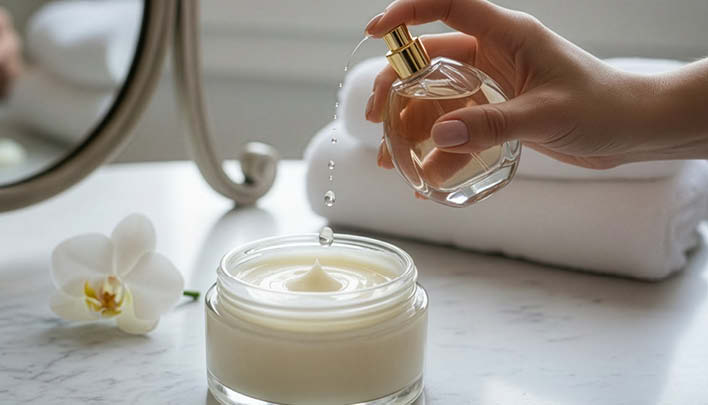 Lifestyle_708x405_Frauenhand_Parfumflakon_Cremetiegel_Handtu╠êcher_Kosmetiktisch_Orchidee_Spiegel_2_26