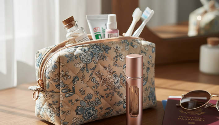 Lifestyle_708x405_Kosmetiktasche_Reiseflakon_Sonnenbrille_Reisepass_Holztisch_weisse_Vorha╠ênge_2_26