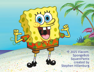Spongebob Schwammkopf mit einem Hawaii-Hemd auf einer tropischen Unterwasserinsel