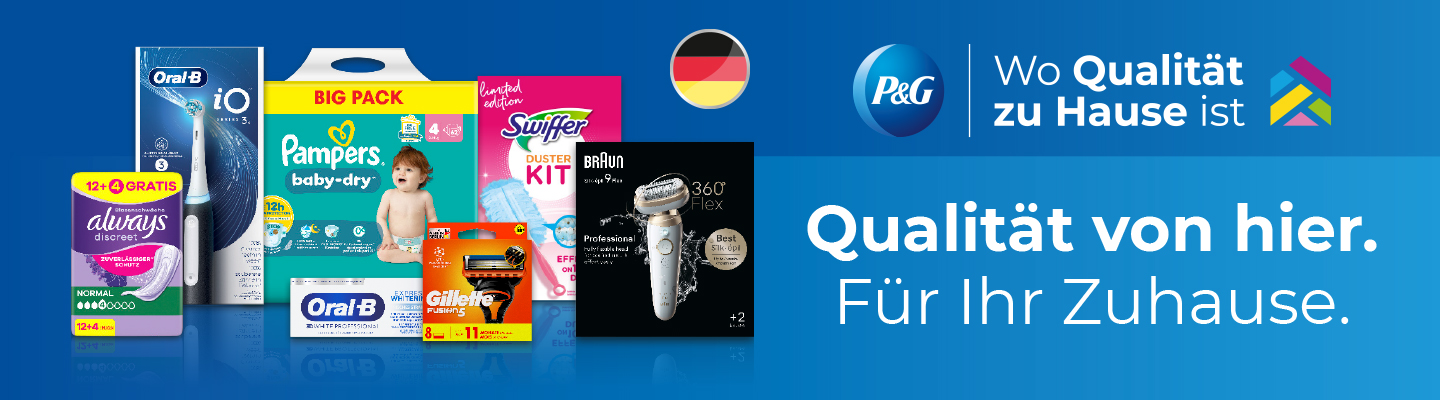 P&G Wo Qualität Zuhasue ist. Qualität von hier. Für Ihr Zuhause. Always Slipeinlagen, Oral-B iO Zahnbürste, Pampers Baby-Dry Big Pack, Oral-B Zahncreme, Gillette Rasierklingen, Swiffer Pink, Braun Epilierer