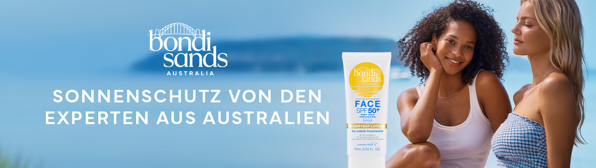 Werbebanner mit Bondi-Sands-Logo, Sonnenschutzcreme und zwei Personen am Strand. Geben Sie Ihr Feedback zu BizChat ab.