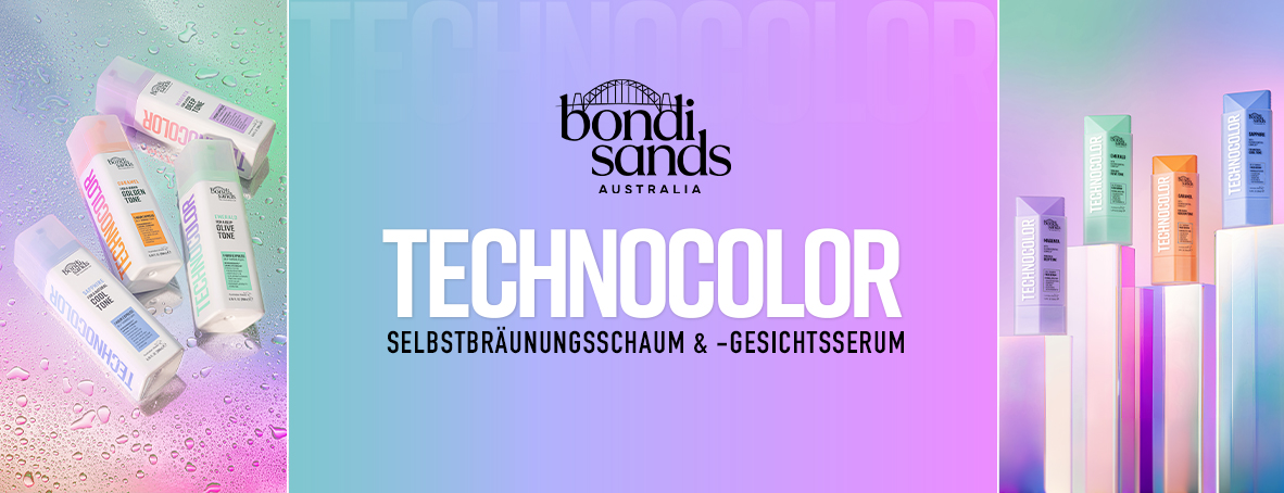 Bondi-Sands-Technocolor-Banner mit farbigen Selbstbräunungsprodukten.
