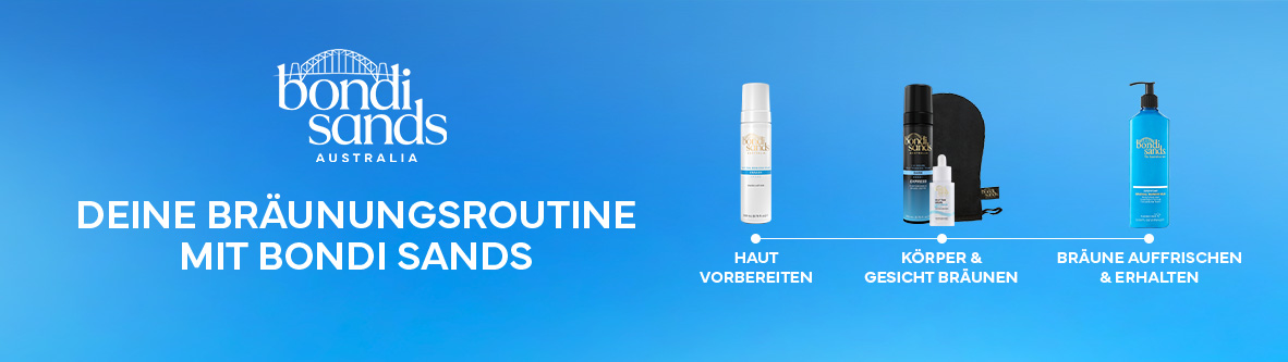 Bondi-Sands-Banner mit Produkten für eine dreistufige Bräunungsroutine.