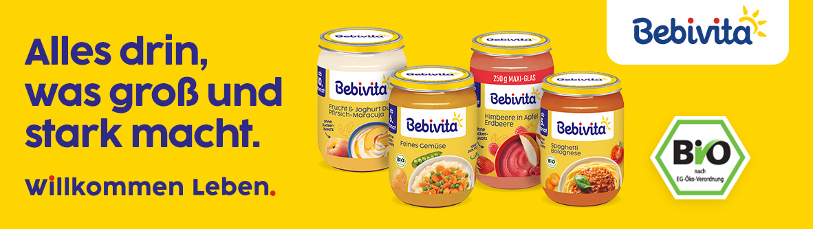 Bebivita-Banner mit Babygläsern, Slogan und Bio-Siegel auf Gelb