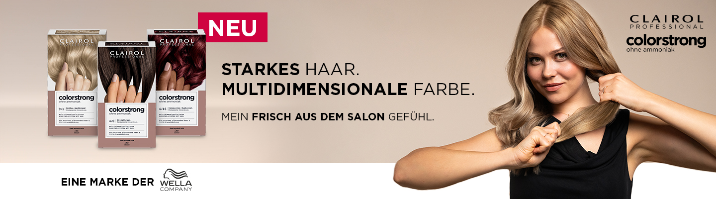 Clairol Colorstrong Haarfarbe mit Verpackungen und Modell mit glänzendem Haar