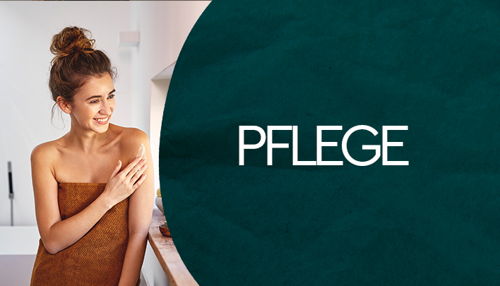 Person pflegt Schulter, Banner mit Text „PFLEGE“