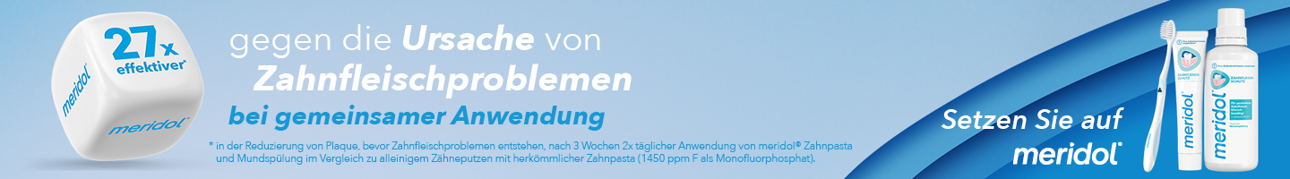 meridol‑Banner mit Hinweis auf 27× effektivere Zahnfleischpflege und Produktset