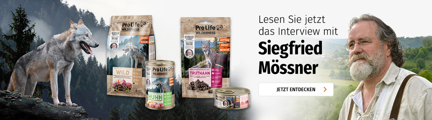 Banner mit ProLife Wilderness Tierfutter und Hinweis auf Interview mit Siegfried Mössner.