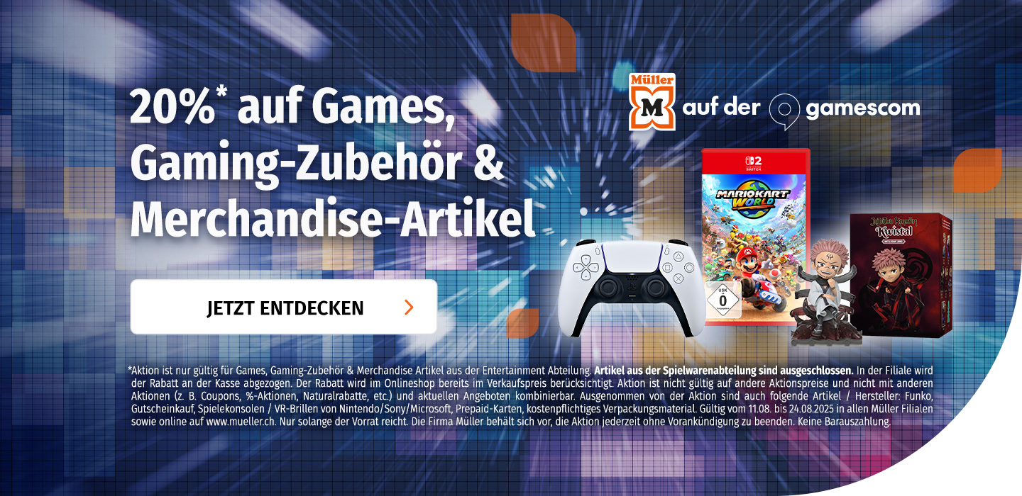 Banner mit 20 Prozent Rabatt auf Games, Gaming-Zubehör und Merchandise