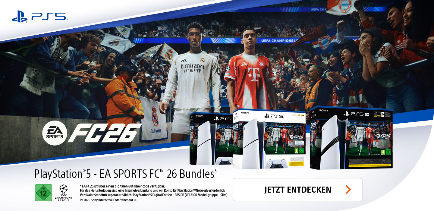 Banner mit PS5 und EA Sports FC26 Bundle verschiedene Versionen