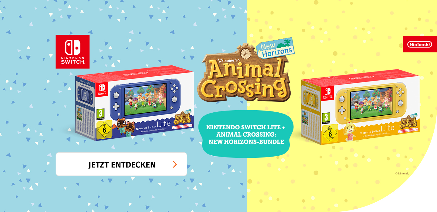 Banner mit Nintendo Switch Lite in Blau und Gelb und Animal Crossing New Horizon