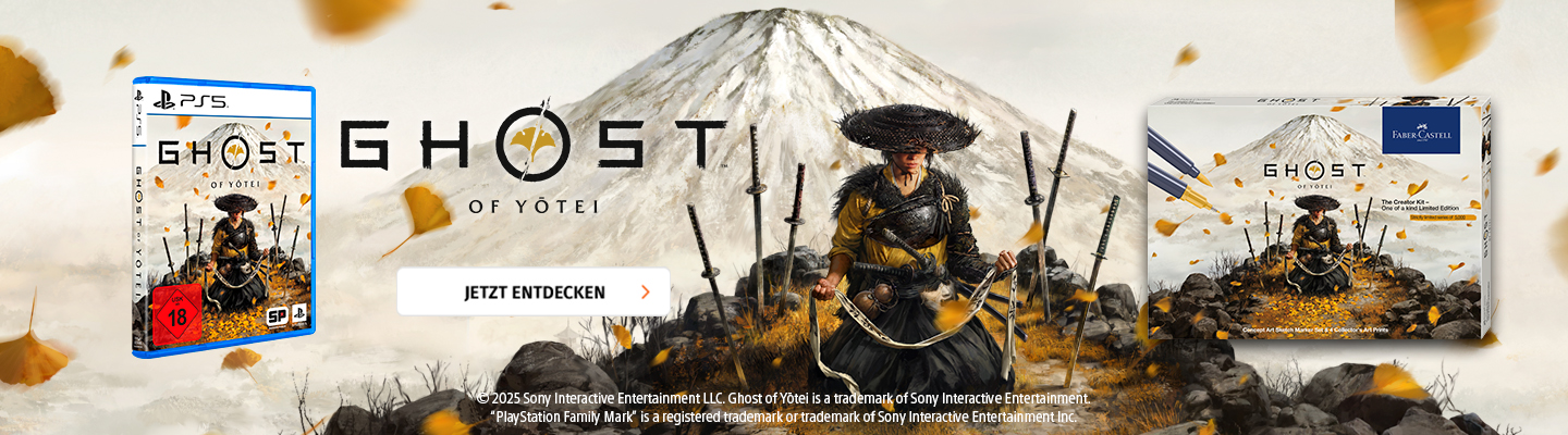 Banner mit Ghost of Yotei PS5 Spiel und Faber Castell Set