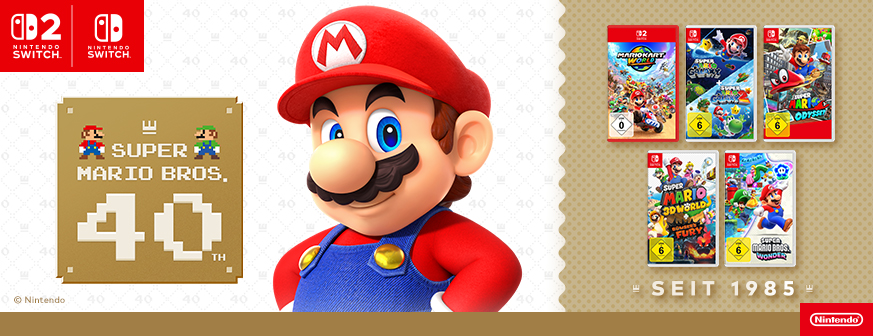 Banner mit 40 Jahre Jubiläum Mario