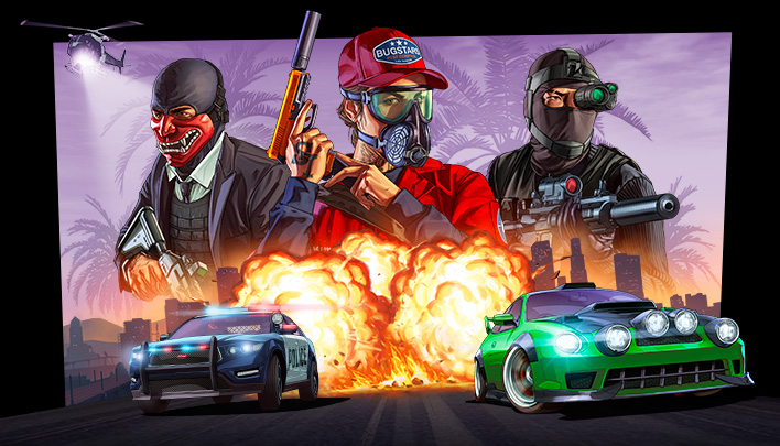 Banner mit Figuren aus GTA 5 und Autos