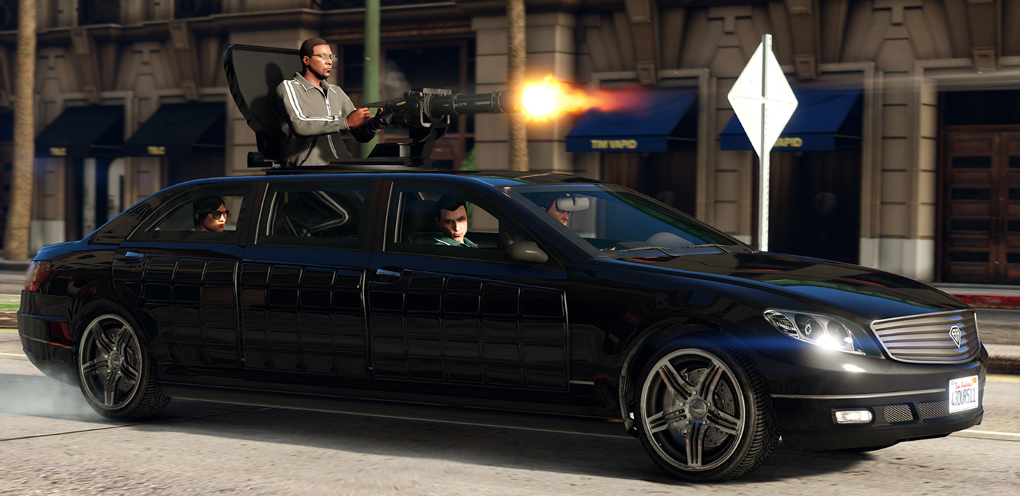 Banner mit Szene aus GTA 5 aus einem Auto wird geschossen