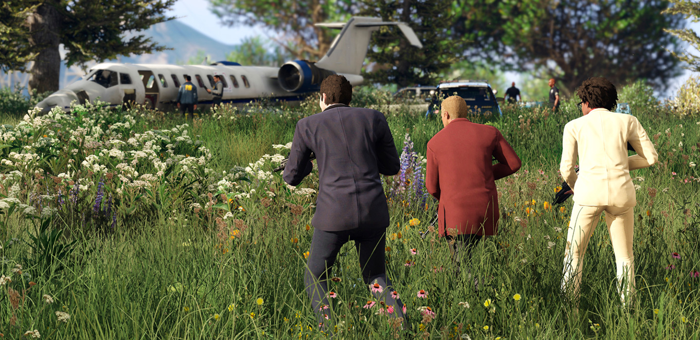 Banner mit Szene aus GTA 5 Figuren laufen durch Gras
