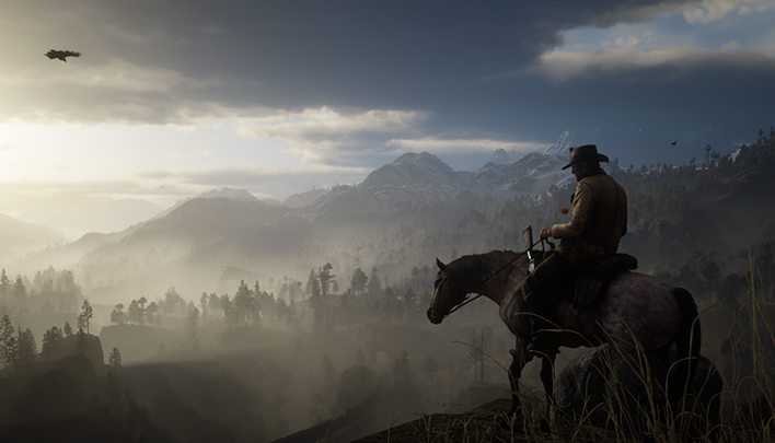 Bild mit Szene aus RDR2 mit Person auf Pferd