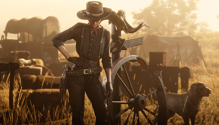 Bild mit Szene aus RDR2 mit Cowboy