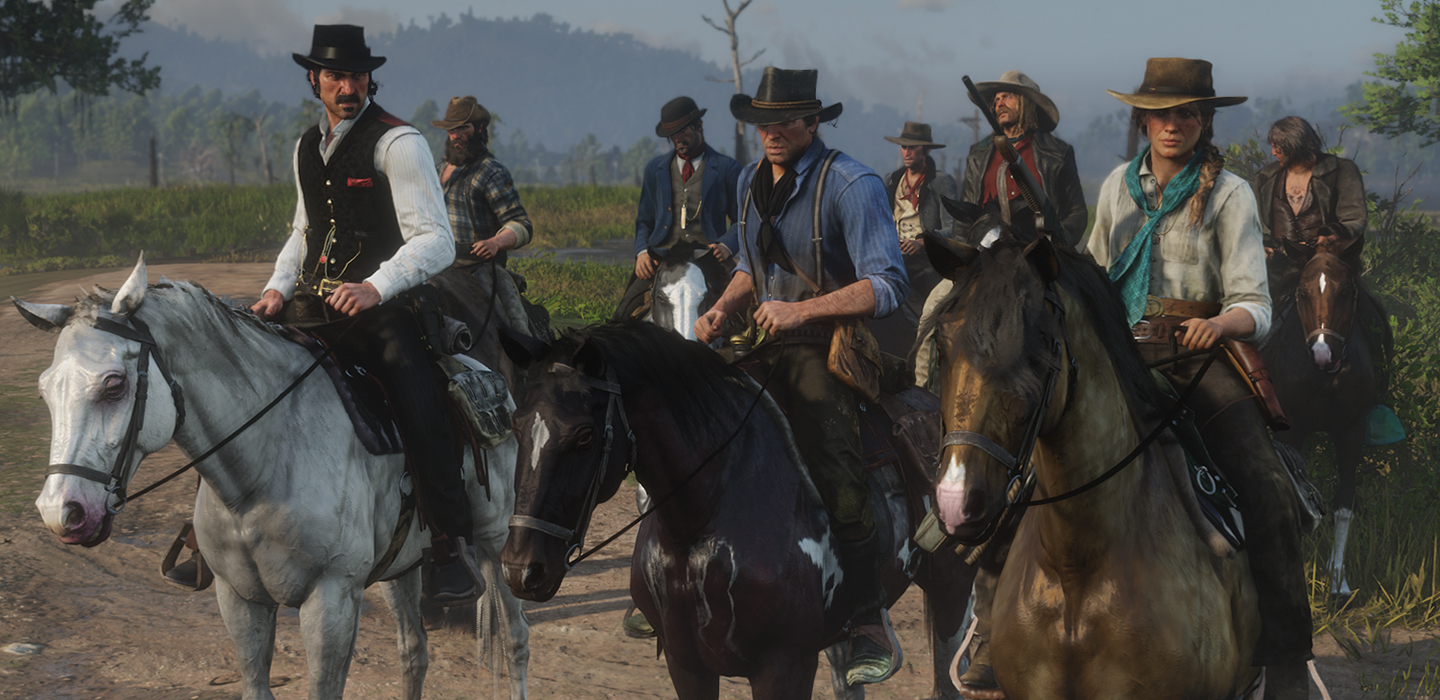 Bild mit Szene aus RDR2 mehrere Personen auf Pferden