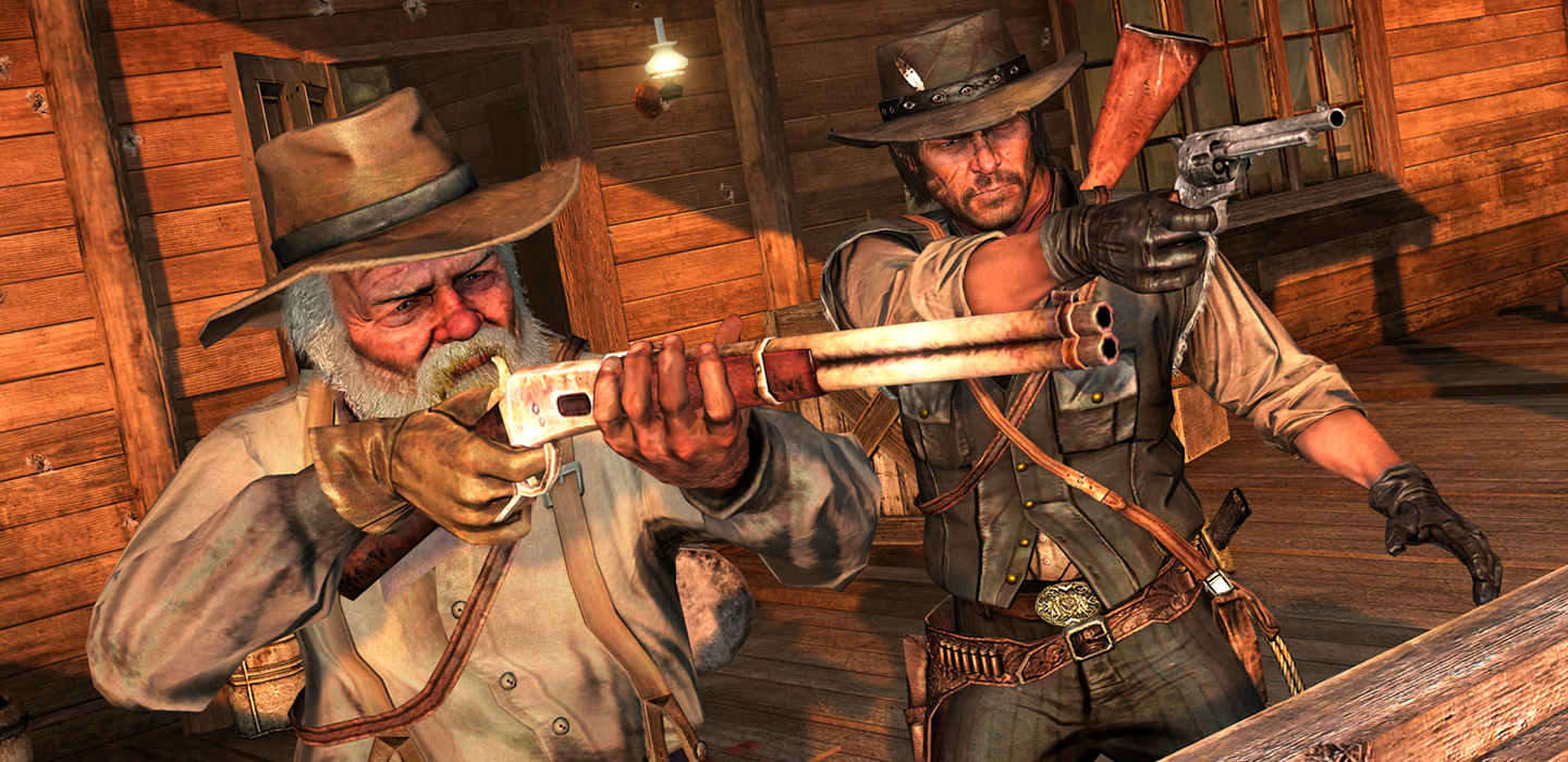 Bild mit Szene aus RDR zwei Cowboys zielen mit Waffen