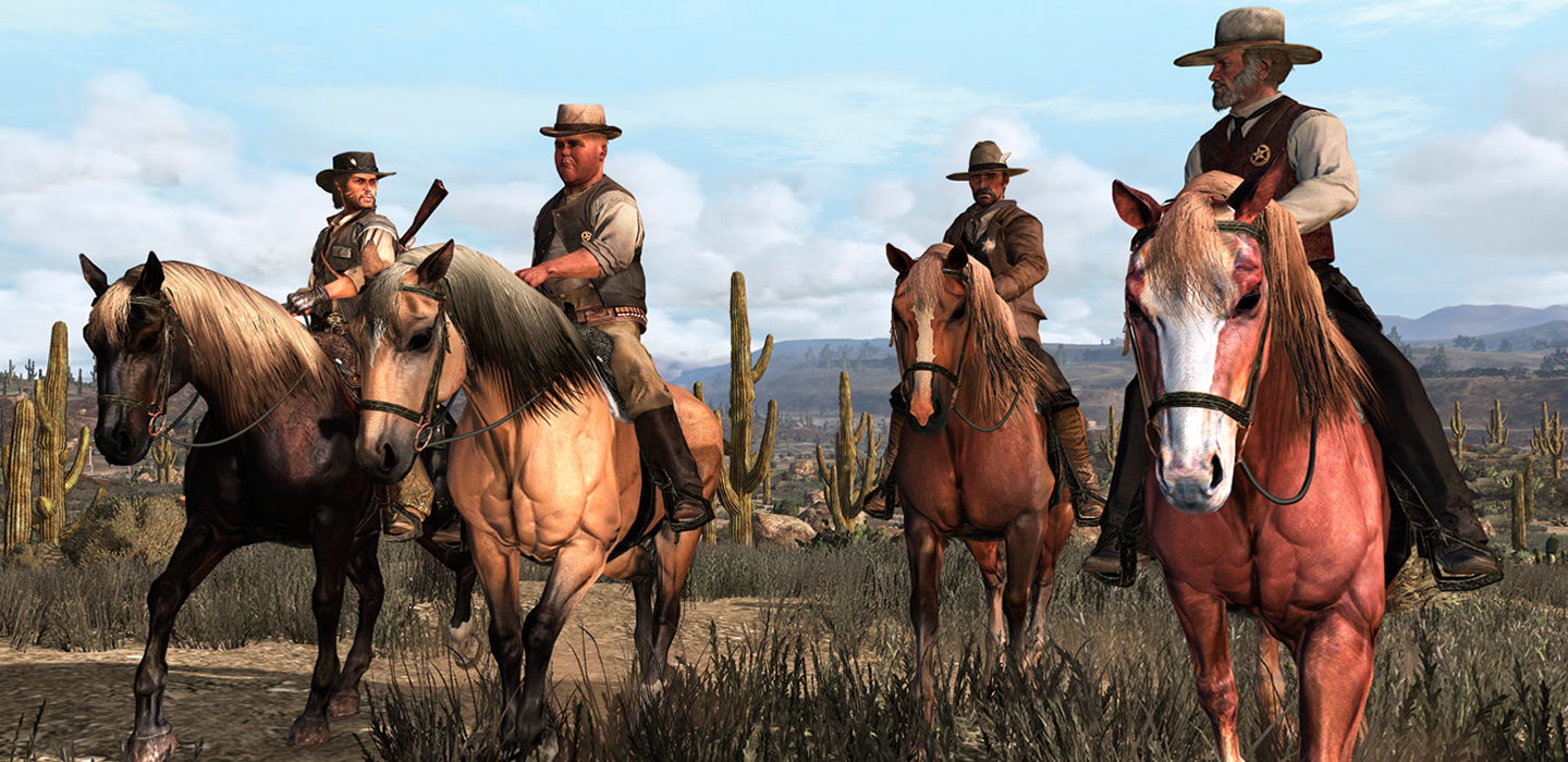 Bild mit Szene aus RDR vier Cowboys auf Pferden