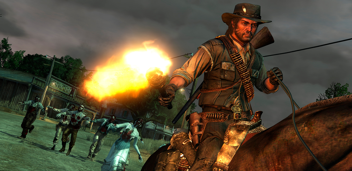 Bild mit Szene aus RDR Cowboy wird von Zombies verfolgt