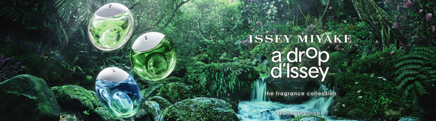 Issey Miyake_A Drop d'Issey_ 3 Flakons auf Hintergrund mit Wasserfall