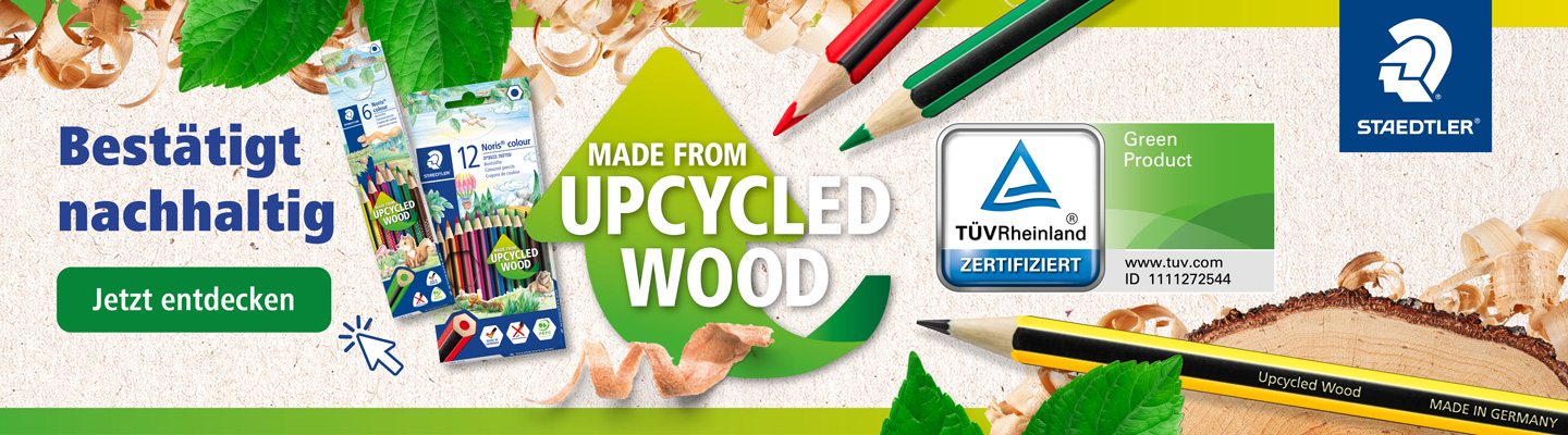 Banner für bestätigt nachhaltige Stifte aus upcyclten Holz