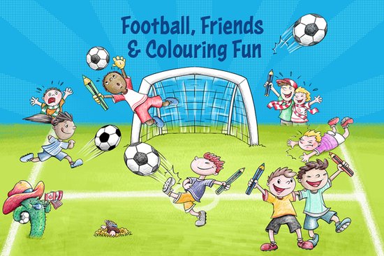 Banner mit Zeichentrik Figuren die Fußball spielen