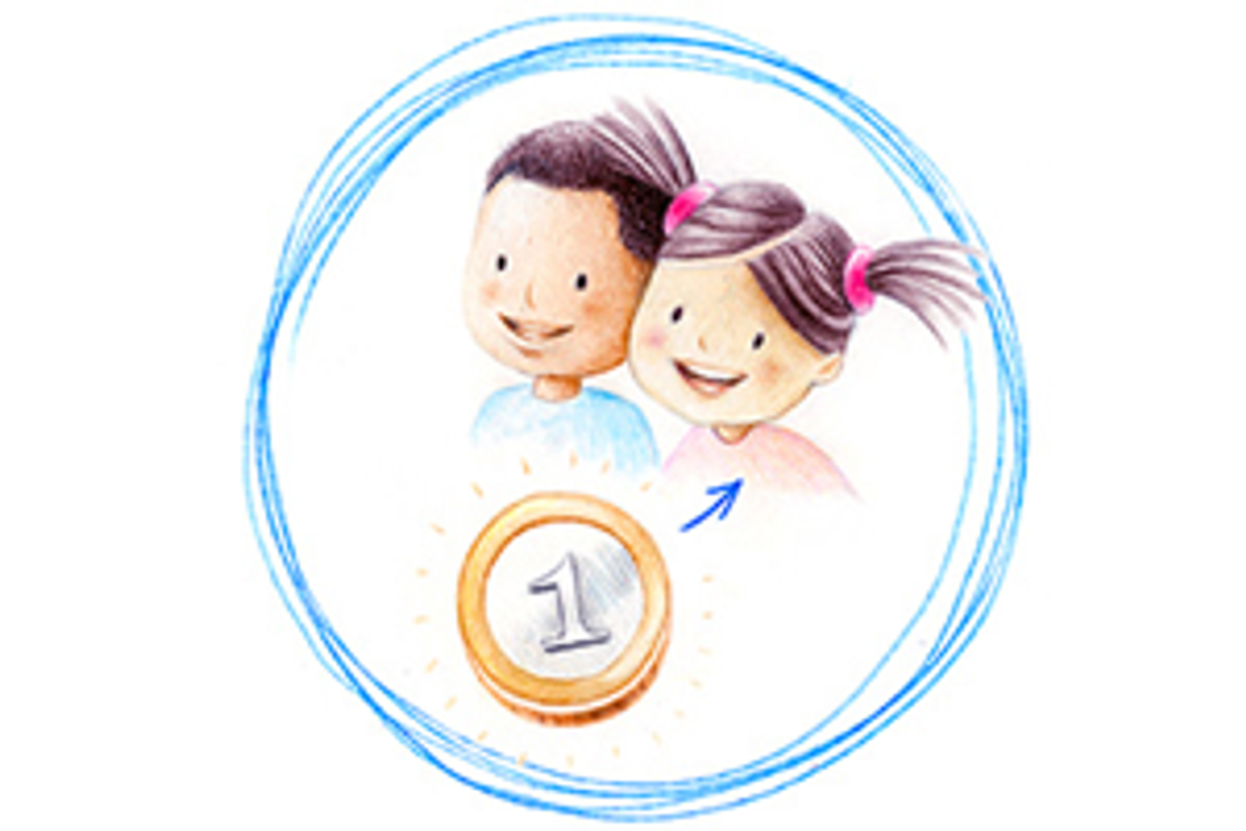 Banner mit zwei Zeichentrickfiguren und Geld