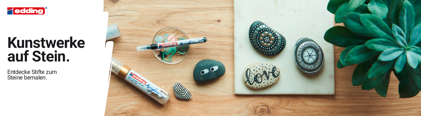 Banner mit Edding Kunstwerke auf Stein. Entdecke Stifte zum Steine bemalen.