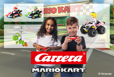 Banner mit zwei Kindern und Carrera Mario Kart Artikeln