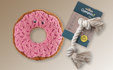 Hundespielzeug: kuscheliger Donut mit zwei Augen, Quapas Strickseil mit Knoten
