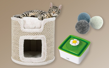 Katzenzubehör: Kratzbaum, Katzenhöhle, Brunnen, Bälle aus Filz