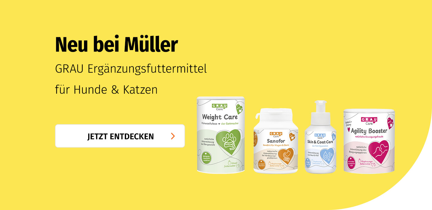 GRAU Ergänzungsfuttermittel für Hunde und Katzen ist neu bei Müller