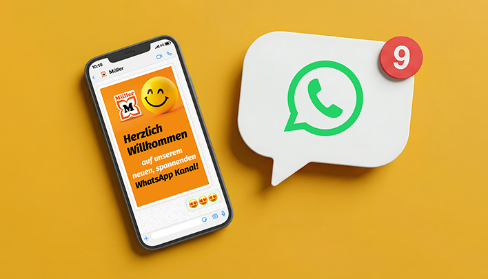 Folgen Sie dem Müller WhatsApp Kanal und erhalten Sie spannende Neuigkeiten direkt aufs Handy