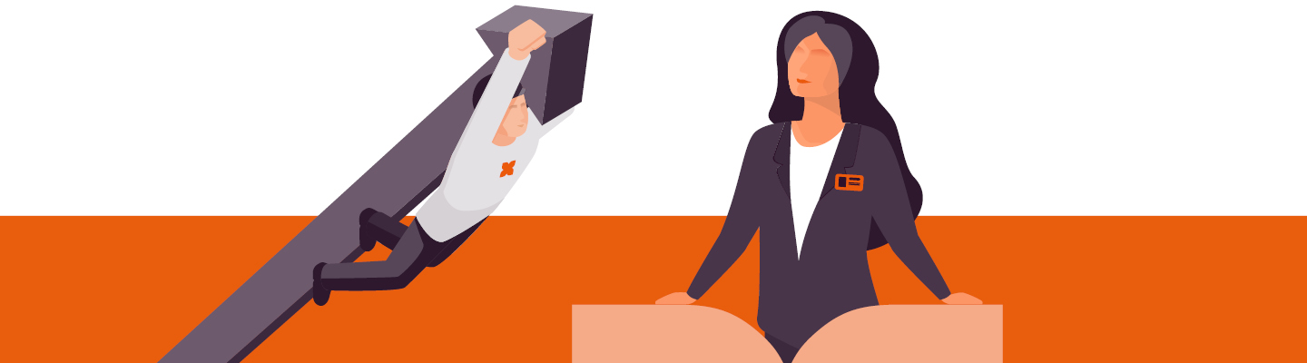 Illustration mit Mitarbeiter, der Balken erklimmt, und Frau am Schreibtisch.