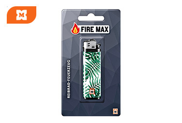 Klasický zapaľovač FIRE MAX s kresacím mechanizmom a zelenou listovou potlačou.