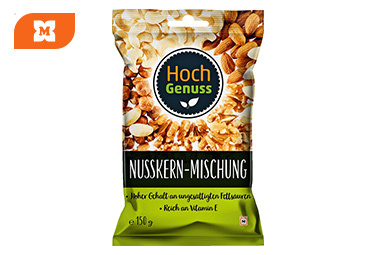 Balenie Hochgenuss Nusskern‑Mischung 150 g – mix prémiových orechových jadier.