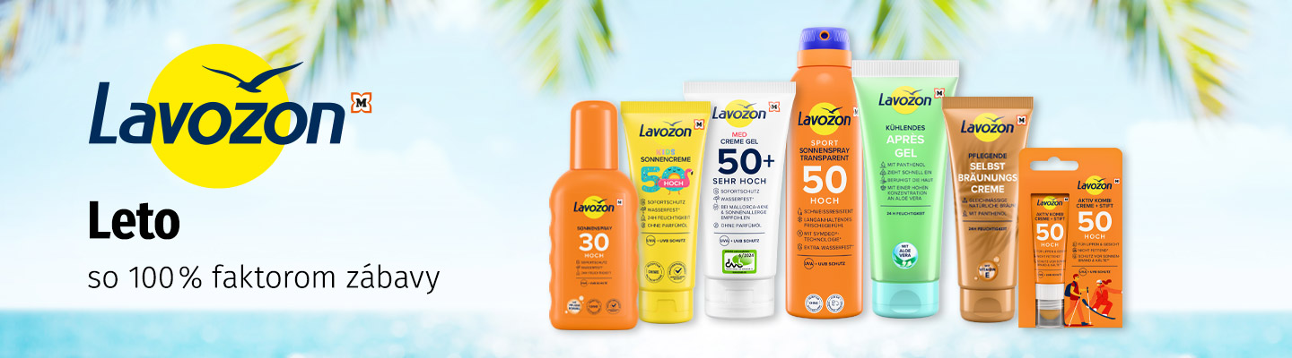 Banner Lavozon zobrazuje opaľovacie produkty apres‑sun gély a samoopaľovacie krémy z radu Lavozon od MÜLLER . Titulok: Leto so 100% faktorom zábavy