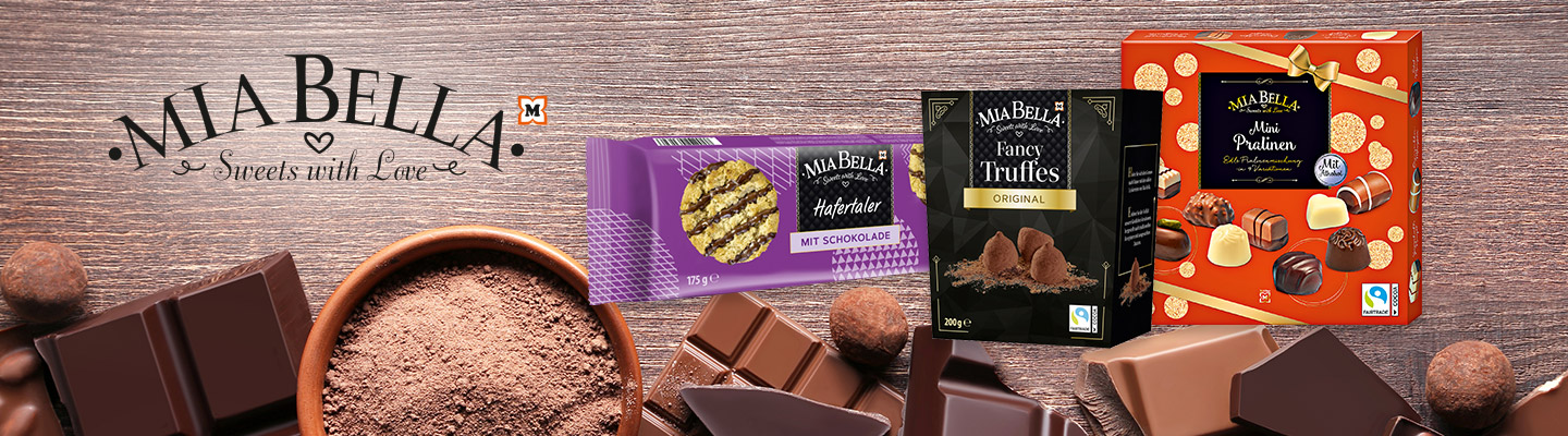 Darčekové sladkosti Mia Bella od Müller – výber čokolád, praliniek, sušienok a cukroviniek