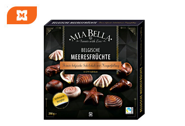 Belgické čokoládové pralinky Mia Bella v tvare morských plodov – jemná náplň a kvalitná belgická čokoláda.