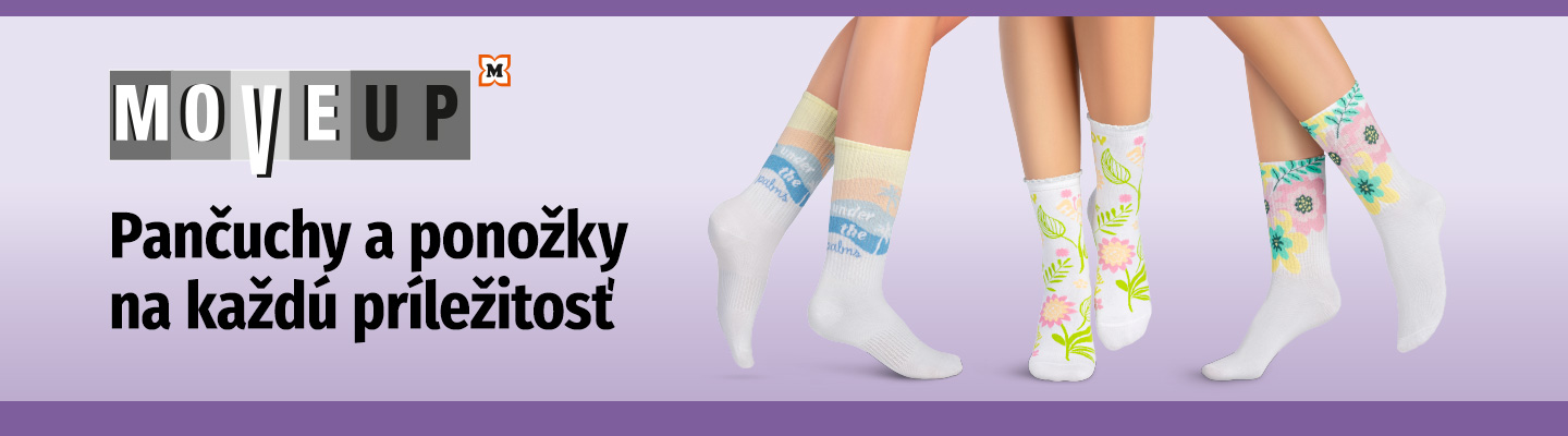 Banner značky MOVE UP zobrazujúci farebné dámske ponožky a pančuchy s rôznymi vzormi z kolekcie MOVE UP od MÜLLER.