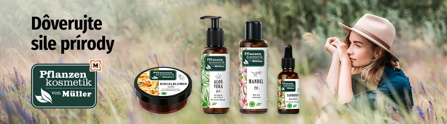 Banner Pflanzenkosmetik von Müller zobrazuje prírodné kozmetické produkty ako aloe vera gél, mandľový olej, nechtíková masť a rakytníkové pleťové oleje na pozadí lúky s mladým dievčaťom. Titulok: Dôverujte sile prírody