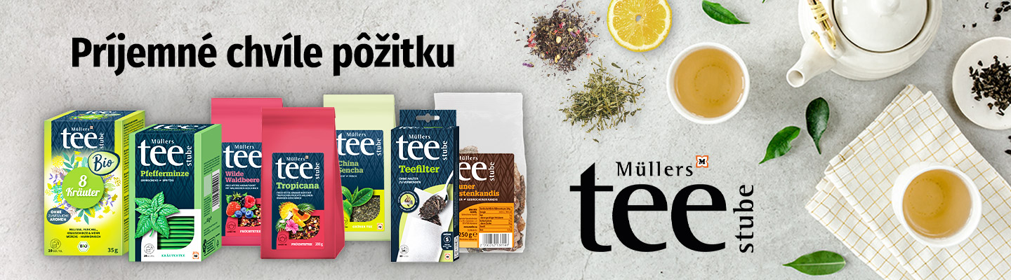 Müllers Teestube – široký výber čajov vrátane bylinných, ovocných, zelených a bio čajov na príjemné chvíle pôžitku, prezentácia produktov Müller vlastnej značky.